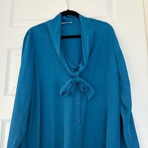 Timing Teal Blouse with Bow Tie Collar